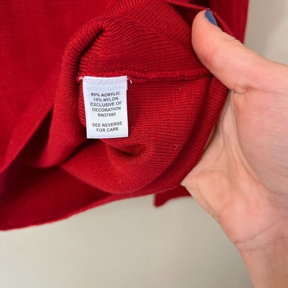 Vtg Y2K Cato Womens Red Sweater Medium Classic Feather Trim Neckline Long Sleeve - Picture 8 of 8